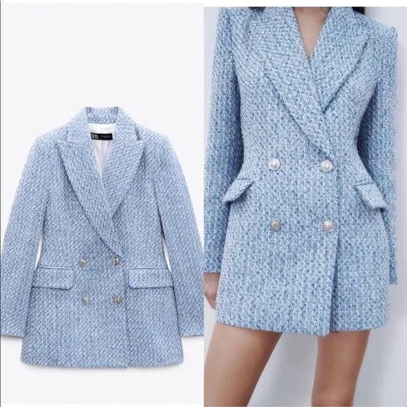 Zara Blue Tweed Double Breasted Boucle Blazer Sz S Blogger Fave Classic Preppy - Picture 1 of 10
